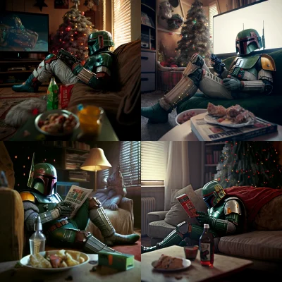 MarcinOrlowski - Prompt: "Star wars´s Boba Fett lounging in his house, having a beer ...