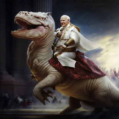 grzegorz-sokol - #midjourney #2137 
Pope riding a t-rex