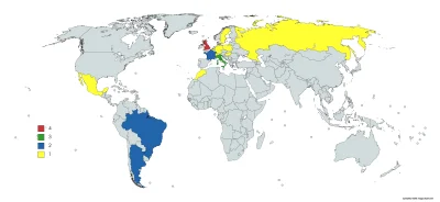 Bayadasaurus - Mapa przedstawia liczbę sędziów którzy prowadzili finał mundialu z dan...