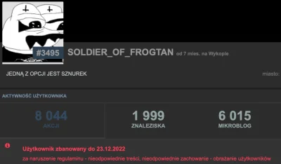 L3stko - https://www.wykop.pl/ludzie/SOLDIEROFFROGTAN/

 Użytkownik zbanowany do 23....