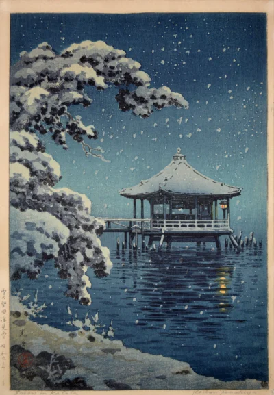 Lifelike - Śnieg w Ukimidō; Tsuchiya Koitsu
drzeworyt, 1934 r., 38 x 26 cm
#artevar...