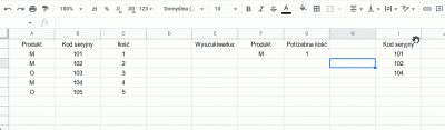 Deykun - @Mowi: 
=FILTER(B2:B; A2:A="Nazwa produktu"; C2:C>=X) gdzie X to liczba któ...