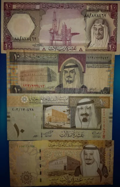 IbraKa - Wygląd banknotów 10 riyali z Arabii Saudyjskiej z lat 1977-2017 (zaczynając ...