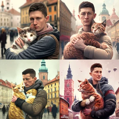 Nie_quatschen - Robert Lewandowski przytulający koty na rynku w Krakowie.

#midjourne...