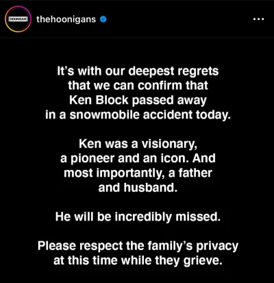 Therion - nie żyje Ken Block, info z Instagrama Hoonigan
https://instagram.com/thehoo...