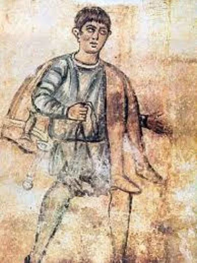IMPERIUMROMANUM - Fresk ukazujący niewolnika niosącego spodnie pana

Późno-rzymski ...