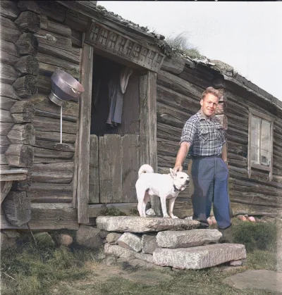 nowyjesttu - Norweski pasterz przy letniej chacie pasterskiej ze swoim psem. Folldal,...