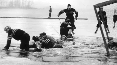 cheeseandonion - >An outdoor hockey game in Sweden is cut short, 1959.