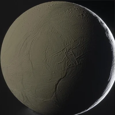 s.....w - Enceladus oświetlony przez Saturna. W dole widać pióropusze lodowych kryszt...