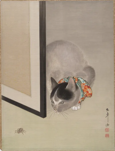 myrmekochoria - Ōide Tōkō - Kot obserwujący pająka, 1888- 1892, Japonia