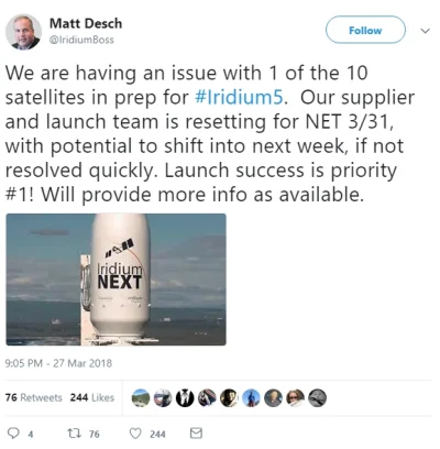 J.....I - #iridium5 przełożony na sobotę. Jeden satelita wymaga sprawdzenia.
Jeżeli ...