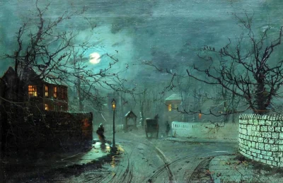 Hoverion - Wilfred Bosworth Jenkins 1857-1936
A moonlit street scene
#malarstwo #sz...