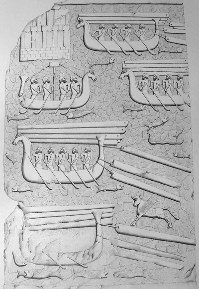 myrmekochoria - Przerys z reliefu ukazujący Fenicjan transportujących drewno dla Asyr...