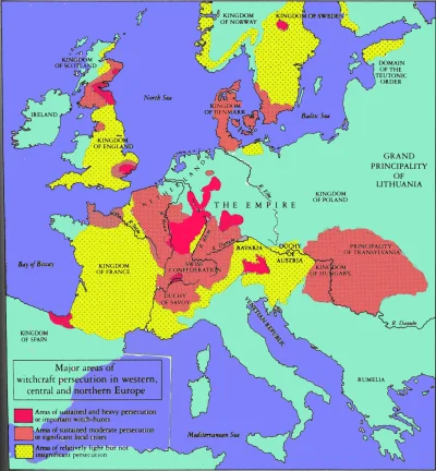 A.....1 - Główne obszary występowania procesów o stosowanie czarów w XVI-wiecznej Eur...
