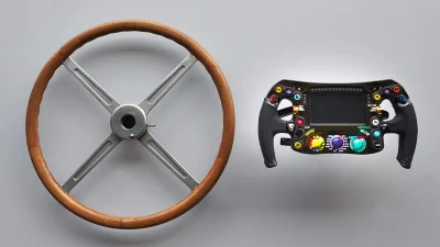 autogenpl - Kierownice samochodów Formuły 1 z 1954 i 2014 roku: po lewej Mercedes-Ben...