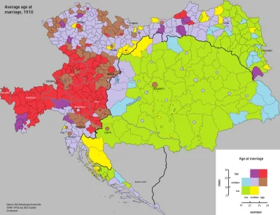 buntpl - Średni wiek zawierania małżeństwa w Austro-Węgrzech w 1910 roku.

#mapporn...