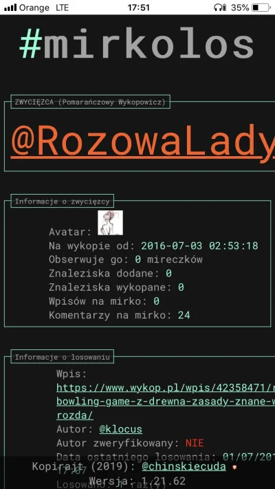 klocus - @NdFeB: losowanie zrobiłem o 17 z hakiem. Wygrała pani ze screena. Już się s...