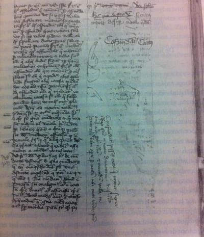 myrmekochoria - Manuskrypt z 1420 roku obsikany przez kota. Mnich pracował nad manusk...