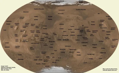 a.....2 - Zdjęcie przedstawia mapę Marsa z zaznaczonymi najważniejszymi miejscami na ...