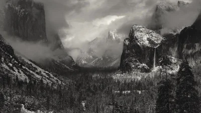 dqdq1 - "Clearing Winter Storm,” (1944) by Ansel Adams, depicts the Yosemite Valley i...