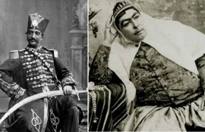 Sheena1 - Naser ad-Din szejk Iranu (po lewej) i jedna z jego żon Anis al-Doleh (po pr...