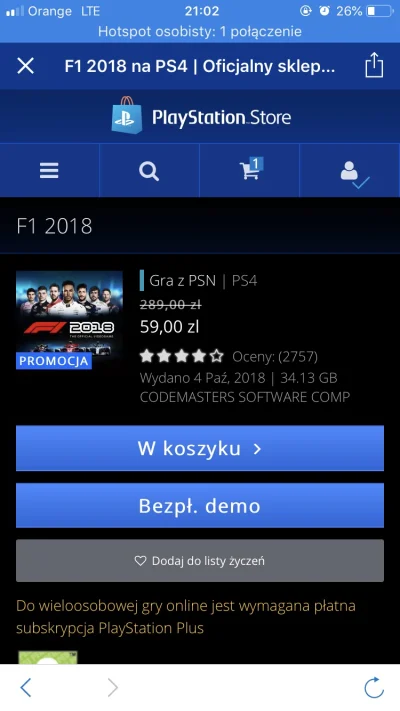 img99x - Mireczki może ktoś z was się skusi. Dobra przecena na F1 2018 w PSstore :) #...