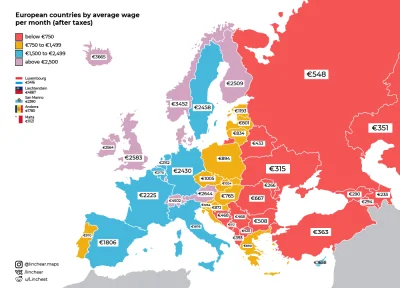 A.....1 - Średnia pensja miesięczna w Europie (po opodatkowaniu).
#mapy #mapporn #ci...