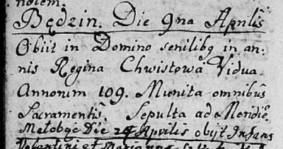 alan-jakman - Rok 1778, Będzin, zgon 109-letniej wdowy Reginy. 

Średnią wieku zgon...