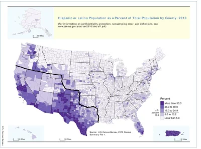 Edward_Kenway - Mapa populacji latynosów w USA z nałożonymi dawnymi granicami Meksyku...