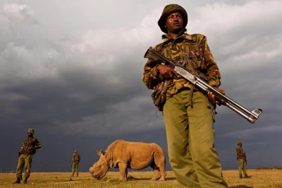S.....1 - Ostatni żywy samiec białego nosorożca chroniony przez uzbrojonych strażnikó...