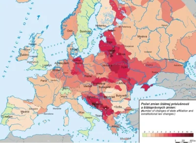 k.....m - Mapa pokazująca liczbę zmian przynależności państwowej w ciągu XX wieku prz...