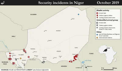 K.....e - Mapa "incydentow" w Nigrze.
Pazdziernik 2019

#wojna #isis #niger #sahel...