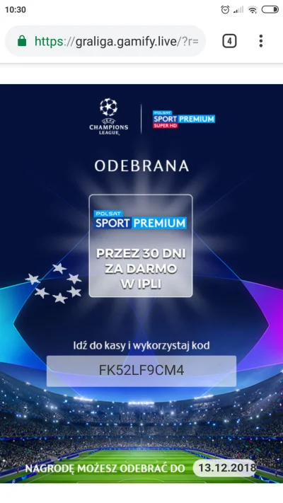 S.....2 - Kodzik do Polsat sport premium, kto pierwszy ten lepszy :)
#ipla #graliga ...