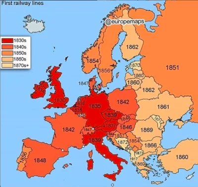 AMoLaD - Daty budowy pierwszej linii kolejowej w poszczególnych europejskich krajach....