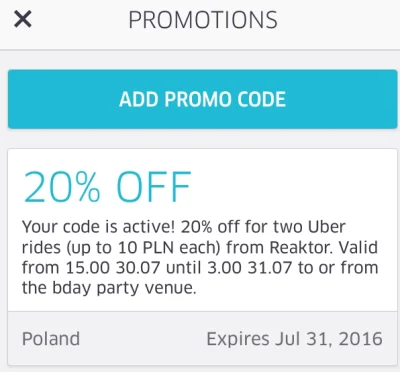 kuba - #uber - 20% #kodyrabatowe 
kod: REAKTORBDAY20OFF
niby dla organizacji w Wars...