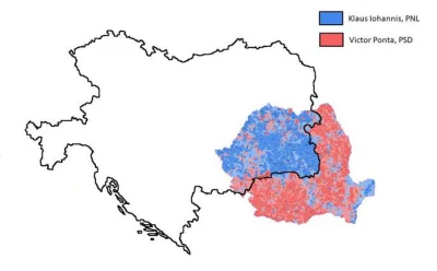 buntpl - Mapa Austro-Węgier nałożona na mapę wyników prezydenckich w Rumunii w 2014 r...