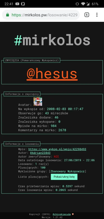 Adrian23843 - Przepraszam za lekkie opóźnienie, zwycięzcą jest @hesus