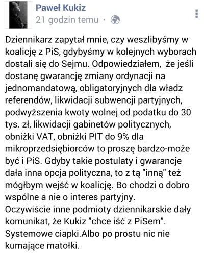 k.....3 - Tak odnośnie tego lamentu i salwy śmiechu, że Kukiz chce iść z PiSem.
#kuk...