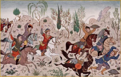 myrmekochoria - Irański plakat propagandowy stylizowany na perską sztukę (polowanie z...