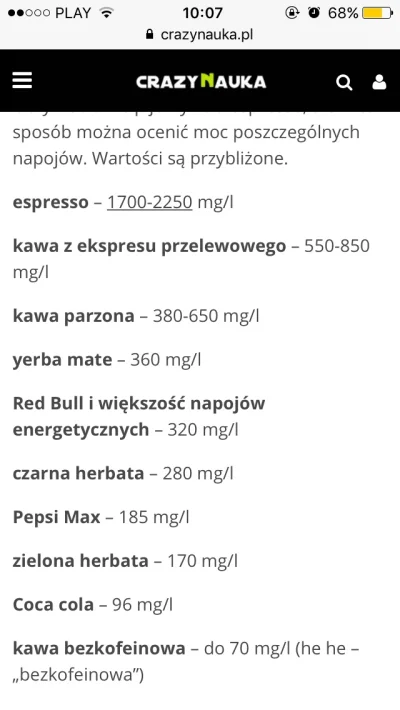 P.....g - Zawartość kofeiny w różnych produktach