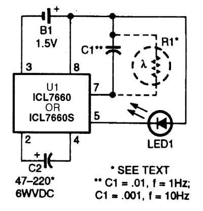 RicoElectrico - Taki układ na 7660 może migać LED-em dość długi czas. Po usunięciu C1...