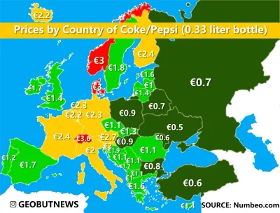 arturo1983 - Cena butelki 0.33 l. coca-coli/pepsi w państwach europejskich.

#mappo...