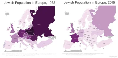 darosoldier - mapa pokazująca zmianę liczby Żydów w Europie między 1933 a 2015 rokiem...