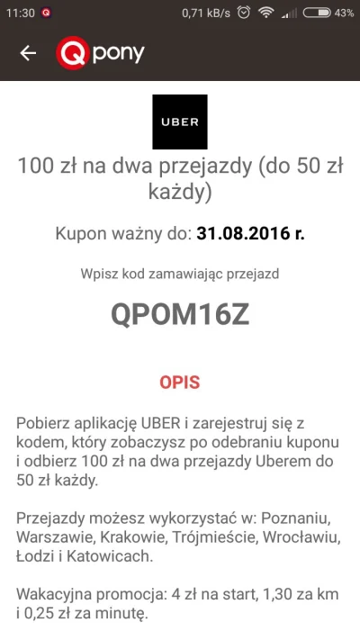 MichalQ20 - 100 zł na dwa przejazdy po 50 zł dla Nowych w #uber 
Jak nie działa ten k...