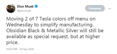 Unik4t - Tesla motors usuwa 2 z 7 kolorów, by uprościć produkcję. Obsidian Black i Me...