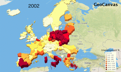 KrzysiuPG - Gif ze zmianami stóp bezrobocia w Europie w latach 2002, 20012. Widać ład...