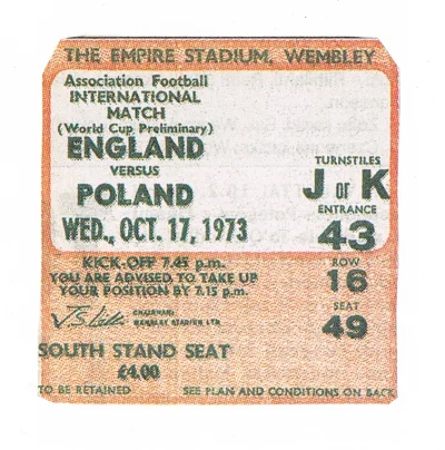 C.....K - Bilet ze słynnego meczu na Wembley w 1973 roku, Anglia - Polska 1-1.

#pilk...