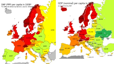 eoneon - PKB per capita (nominalne) w Europie w 1939 vs dzisiaj. W sumie jedyny obsza...