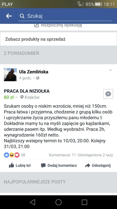 Korba112 - Jest tu jakiś kurdupel? Bo jest praca dla niziołka w #krakow 


#heheszki ...