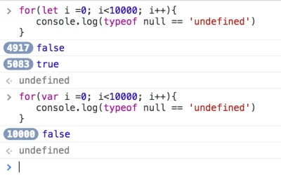 anonim1133 - for (let i=0; i<10000; i++) { console.log(typeof null == 'undefined'); }...